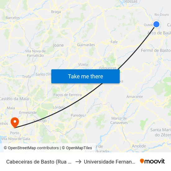 Cabeceiras de Basto (Rua do Ferrador) to Universidade Fernando Pessoa map