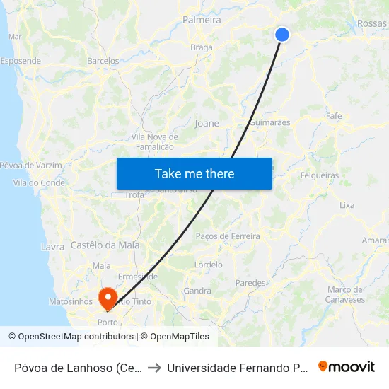 Póvoa de Lanhoso (Centro) to Universidade Fernando Pessoa map