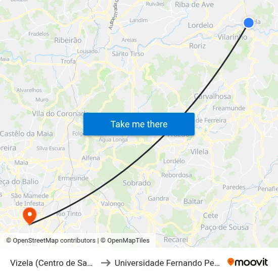 Vizela (Centro de Saúde) to Universidade Fernando Pessoa map
