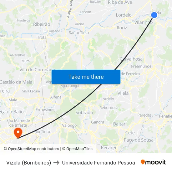 Vizela (Bombeiros) to Universidade Fernando Pessoa map