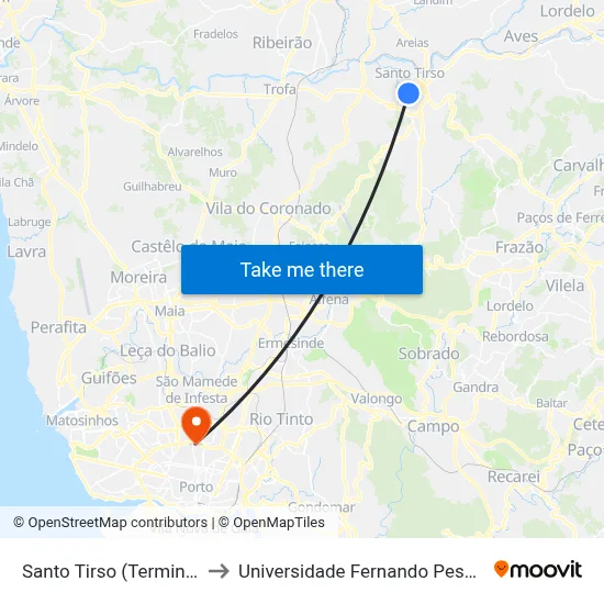 Santo Tirso (Terminal) to Universidade Fernando Pessoa map