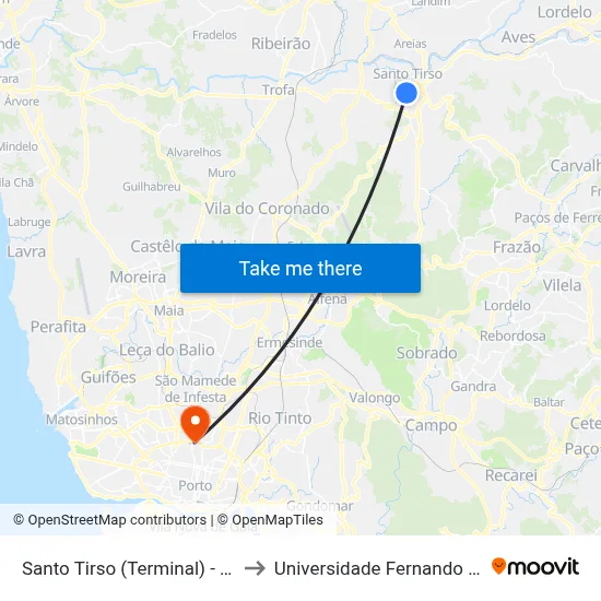 Santo Tirso (Terminal) - Exterior to Universidade Fernando Pessoa map