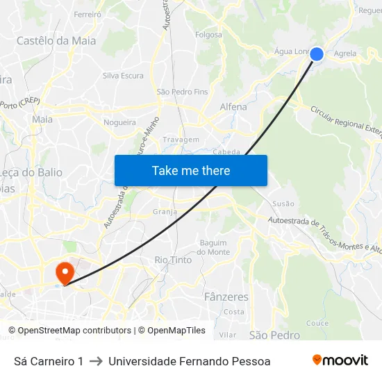 Sá Carneiro 1 to Universidade Fernando Pessoa map