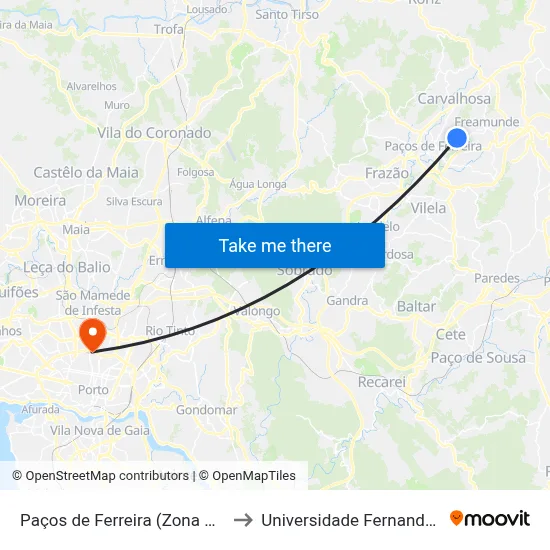 Paços de Ferreira (Zona Comercial) to Universidade Fernando Pessoa map