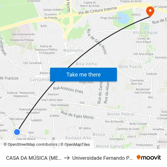 CASA DA MÚSICA (METRO) to Universidade Fernando Pessoa map