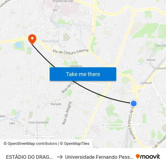 ESTÁDIO DO DRAGÃO to Universidade Fernando Pessoa map