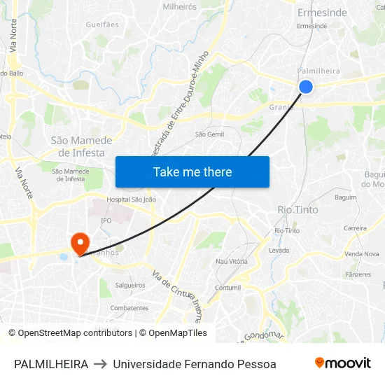 PALMILHEIRA to Universidade Fernando Pessoa map