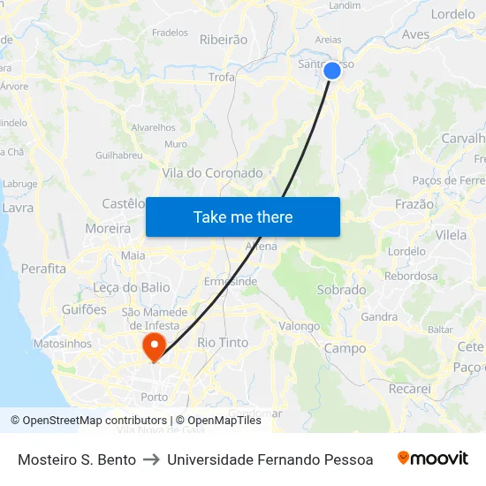 Mosteiro S. Bento to Universidade Fernando Pessoa map