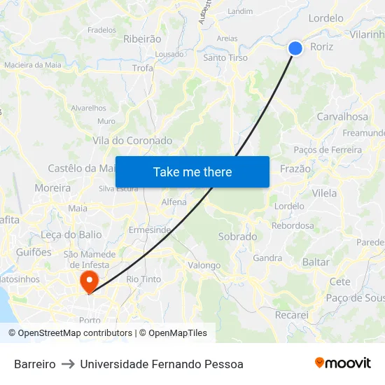 Barreiro to Universidade Fernando Pessoa map