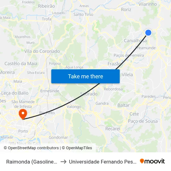 Raimonda (Gasolineira) to Universidade Fernando Pessoa map