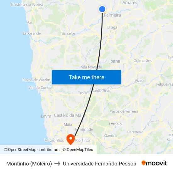 Montinho (Moleiro) to Universidade Fernando Pessoa map
