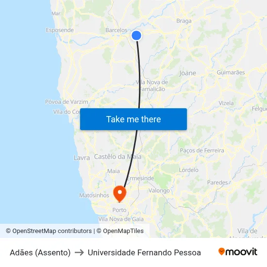 Adães (Assento) to Universidade Fernando Pessoa map