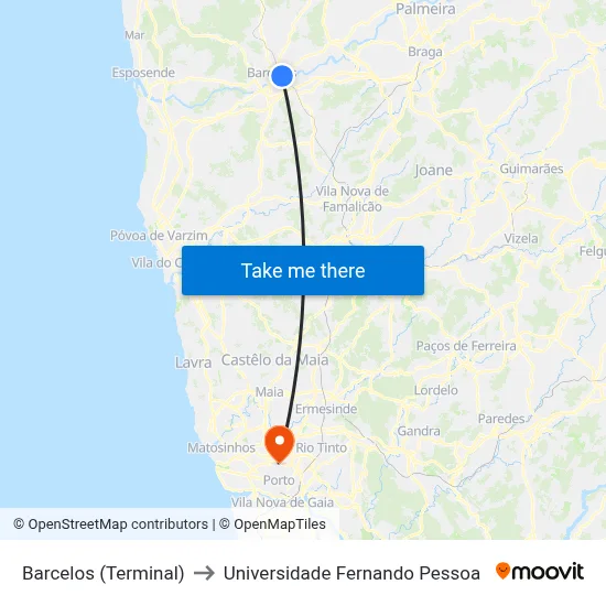 Barcelos (Terminal) to Universidade Fernando Pessoa map