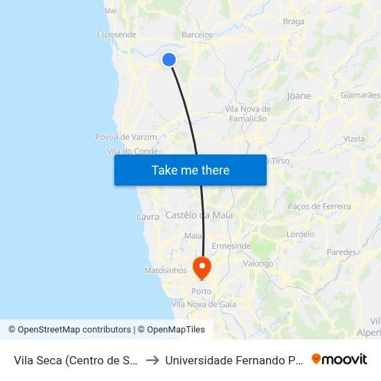 Vila Seca (Centro de Saúde) to Universidade Fernando Pessoa map