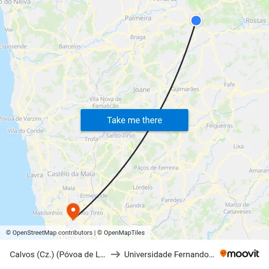 Calvos (Cz.) (Póvoa de Lanhoso) to Universidade Fernando Pessoa map