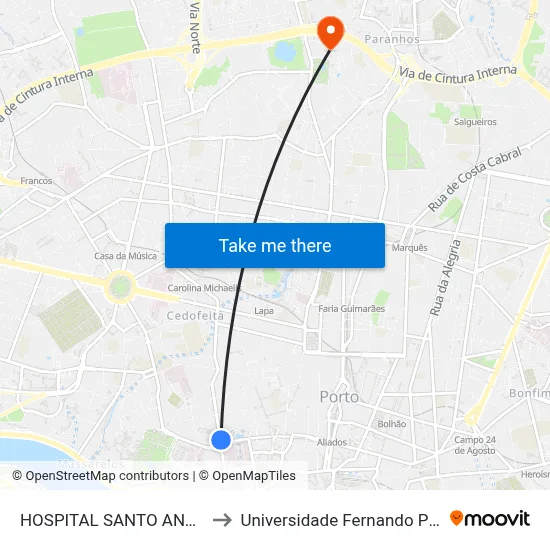 HOSPITAL SANTO ANTÓNIO to Universidade Fernando Pessoa map