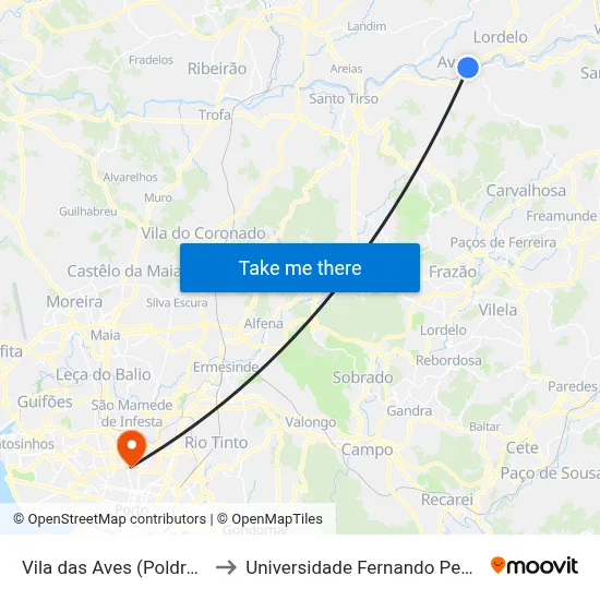 Vila das Aves (Poldrães) to Universidade Fernando Pessoa map
