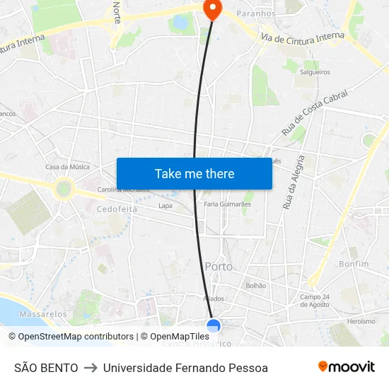 SÃO BENTO to Universidade Fernando Pessoa map