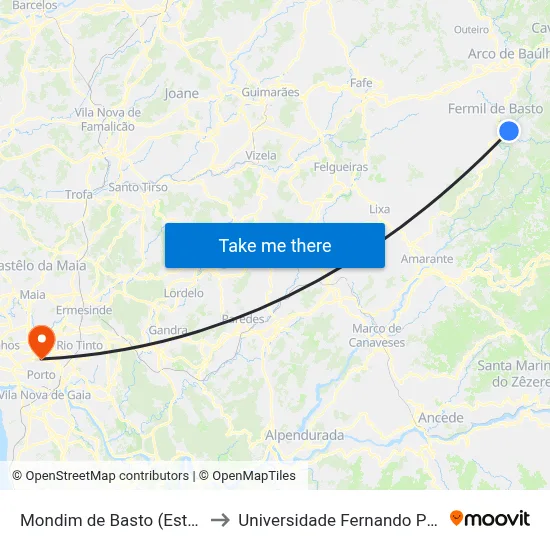 Mondim de Basto (Estação) to Universidade Fernando Pessoa map