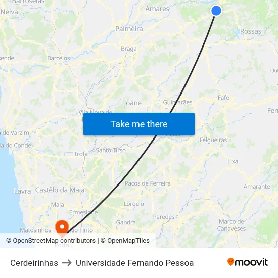 Cerdeirinhas to Universidade Fernando Pessoa map