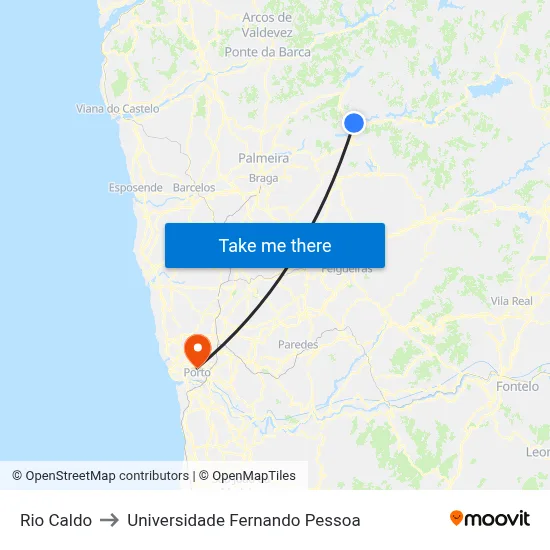 Rio Caldo to Universidade Fernando Pessoa map