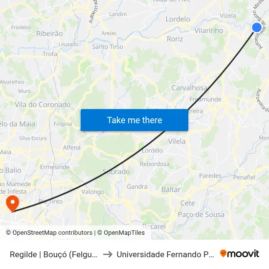 Regilde | Bouçó (Felgueiras) to Universidade Fernando Pessoa map
