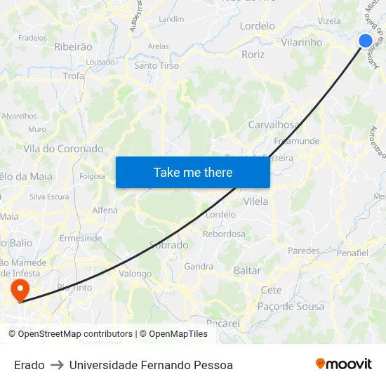 Erado to Universidade Fernando Pessoa map