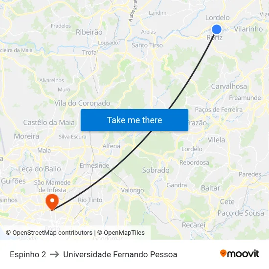 Espinho 2 to Universidade Fernando Pessoa map