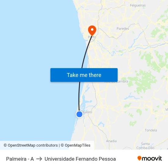 Palmeira - A to Universidade Fernando Pessoa map