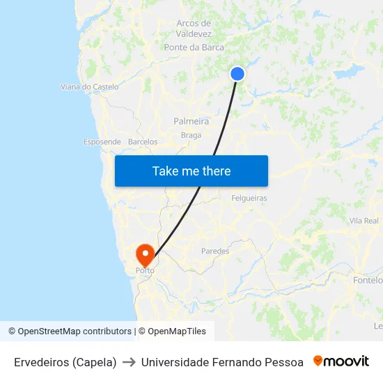 Ervedeiros (Capela) to Universidade Fernando Pessoa map