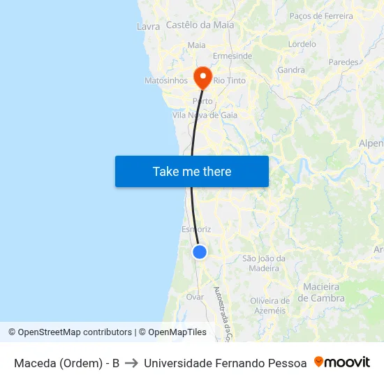 Maceda (Ordem) - B to Universidade Fernando Pessoa map