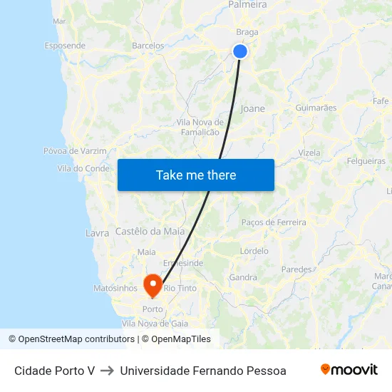 Cidade Porto V to Universidade Fernando Pessoa map