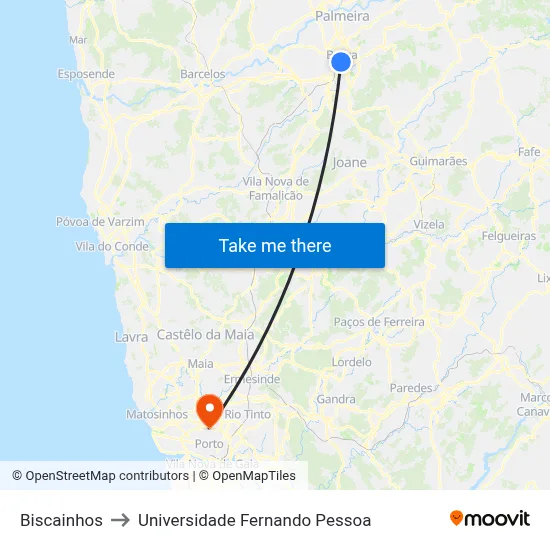 Biscainhos to Universidade Fernando Pessoa map