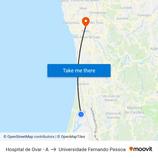 Hospital de Ovar - A to Universidade Fernando Pessoa map