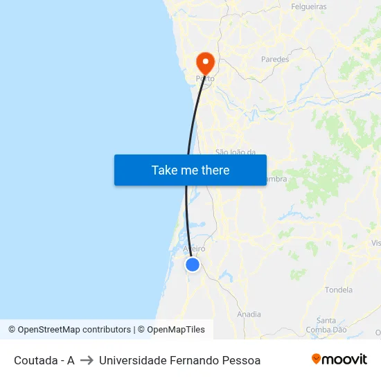 Coutada - A to Universidade Fernando Pessoa map