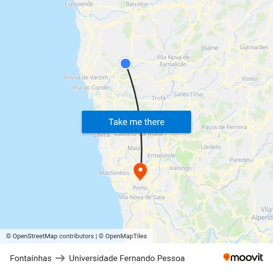 Fontaínhas to Universidade Fernando Pessoa map