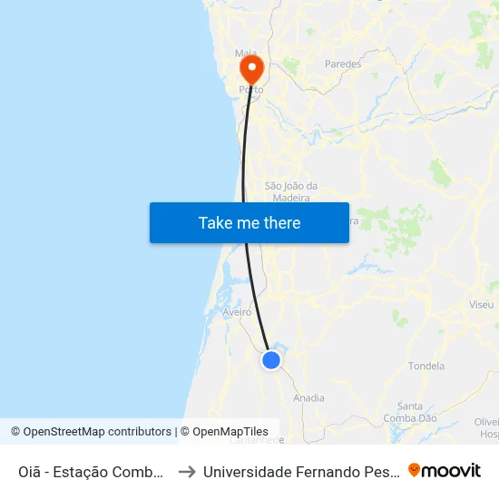 Oiã - Estação Comboios to Universidade Fernando Pessoa map