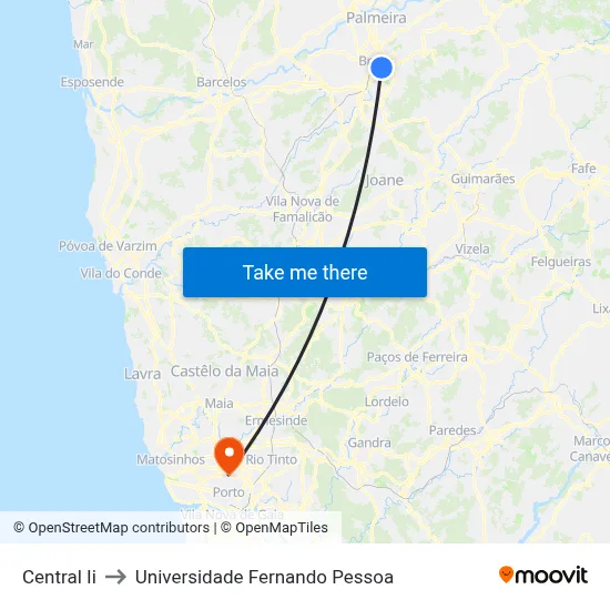 Central Ii to Universidade Fernando Pessoa map