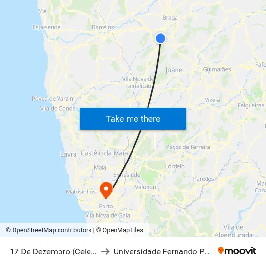 17 De Dezembro (Celeirós) to Universidade Fernando Pessoa map