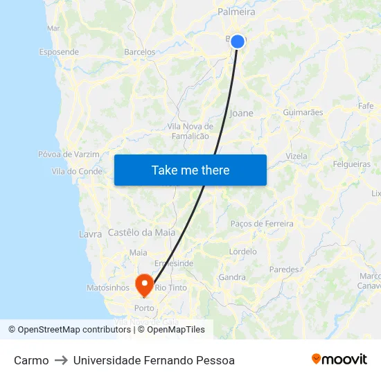 Carmo to Universidade Fernando Pessoa map