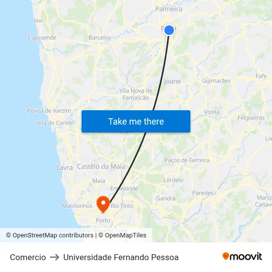Comercio to Universidade Fernando Pessoa map