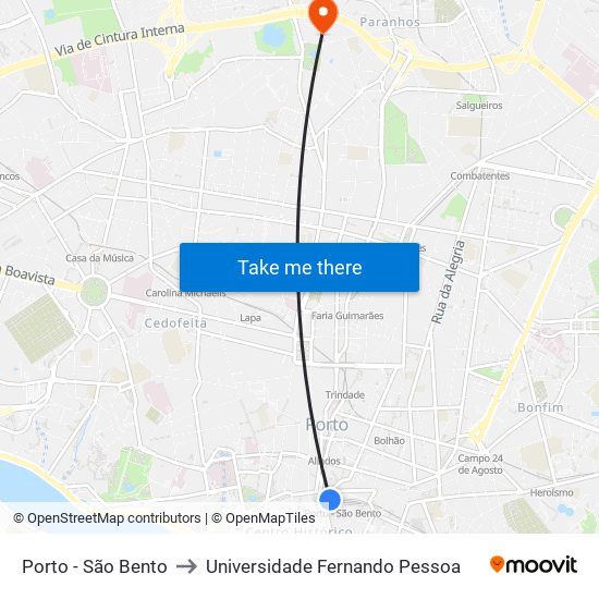 Porto - São Bento to Universidade Fernando Pessoa map