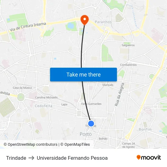 Trindade to Universidade Fernando Pessoa map