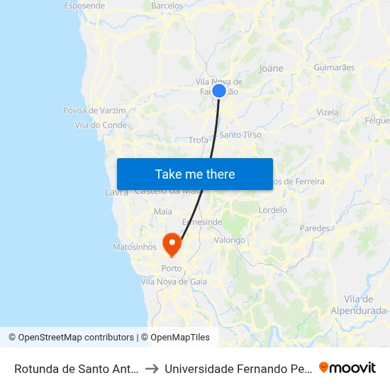 Rotunda de Santo António to Universidade Fernando Pessoa map