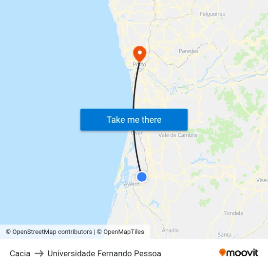 Cacia to Universidade Fernando Pessoa map