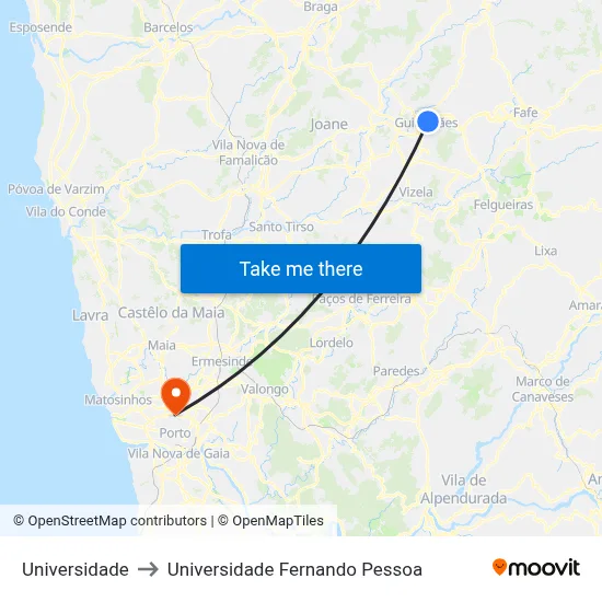 Universidade to Universidade Fernando Pessoa map