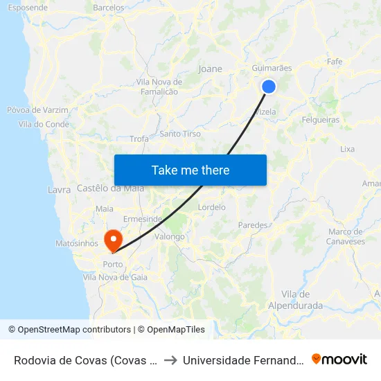 Rodovia de Covas (Covas (Estação)) to Universidade Fernando Pessoa map
