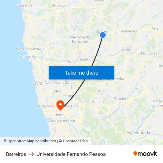 Barreiros to Universidade Fernando Pessoa map