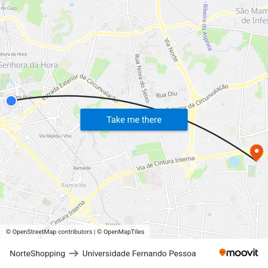 Norteshopping to Universidade Fernando Pessoa map