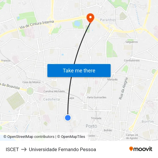 Iscet to Universidade Fernando Pessoa map
